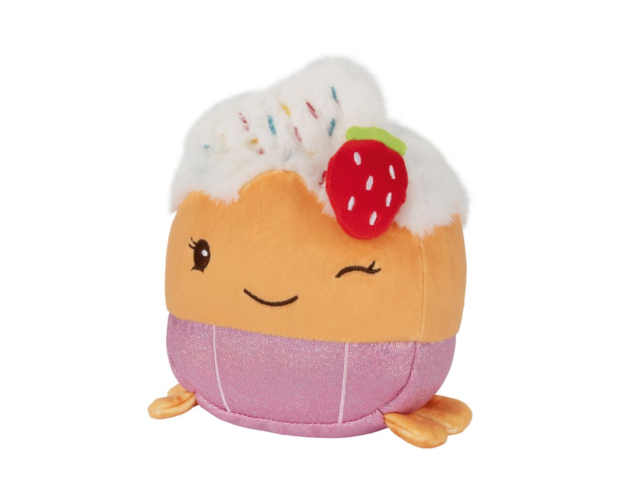 Plush cupcake toy with a winking face, white frosting, sprinkles, and a strawberry.