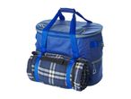 Blue cooler bag with a rolled-up plaid blanket attached, ready for a picnic.