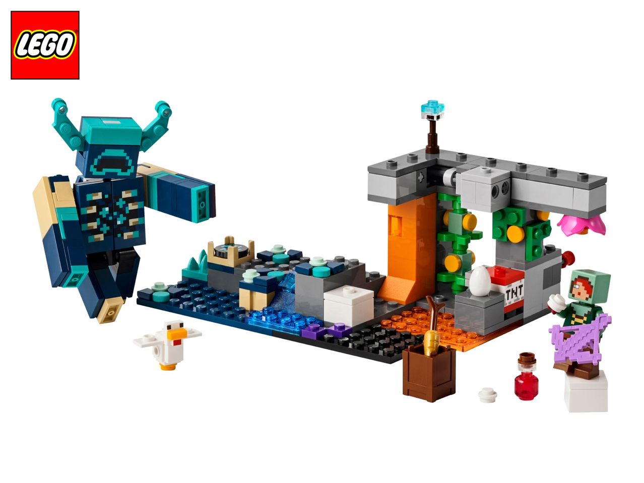 Minecraft-themed building set featuring a large Warden figure and a detailed cave environment.