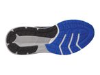 Underside of a black, grey, and blue athletic shoe with a textured sole.