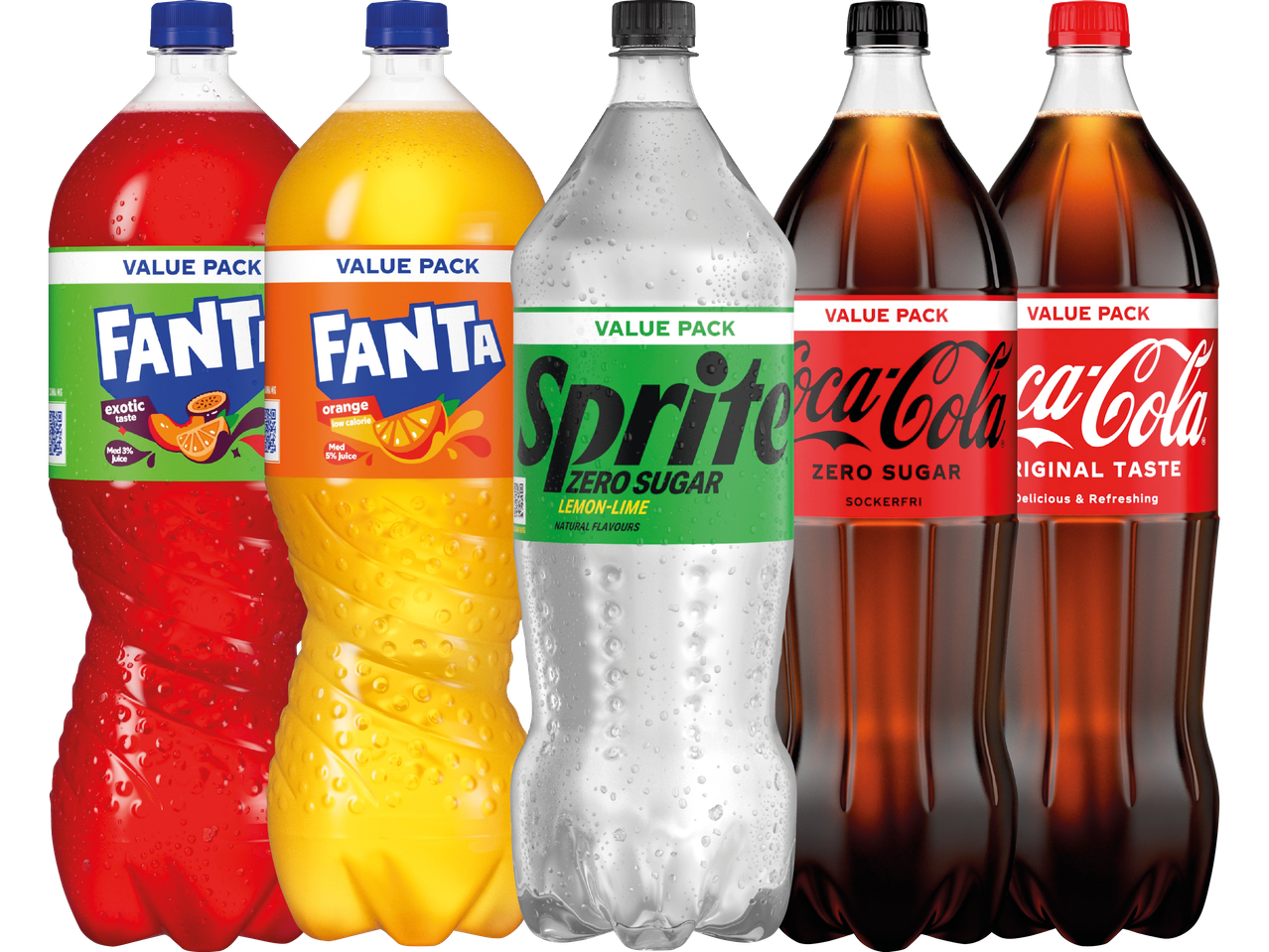 Fem läskflaskor, inklusive Fanta, Sprite och Coca-Cola, i olika smaker.