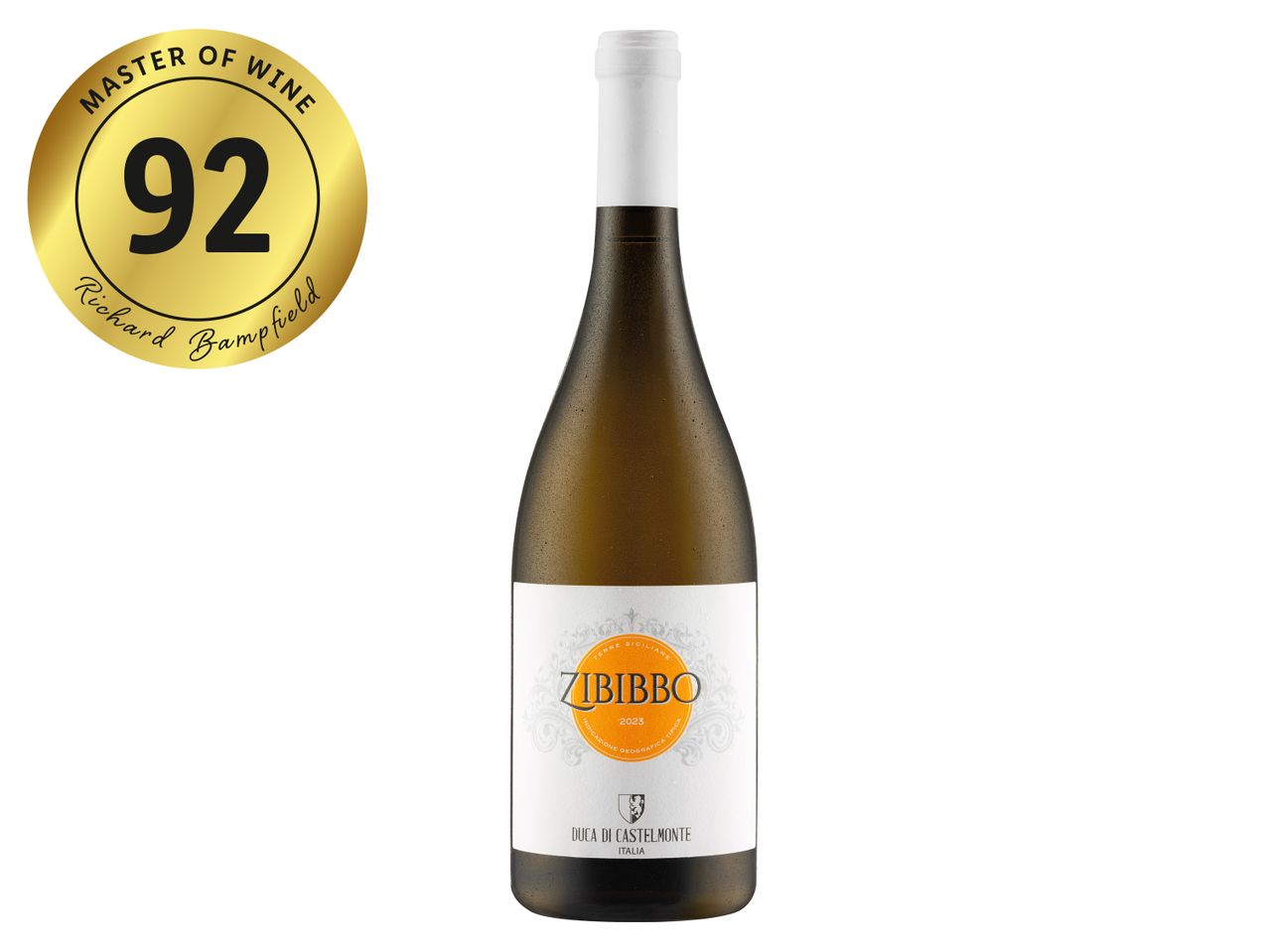 A bottle of Duca di Castelmonte Zibibbo wine with a 92-point Master of Wine rating.