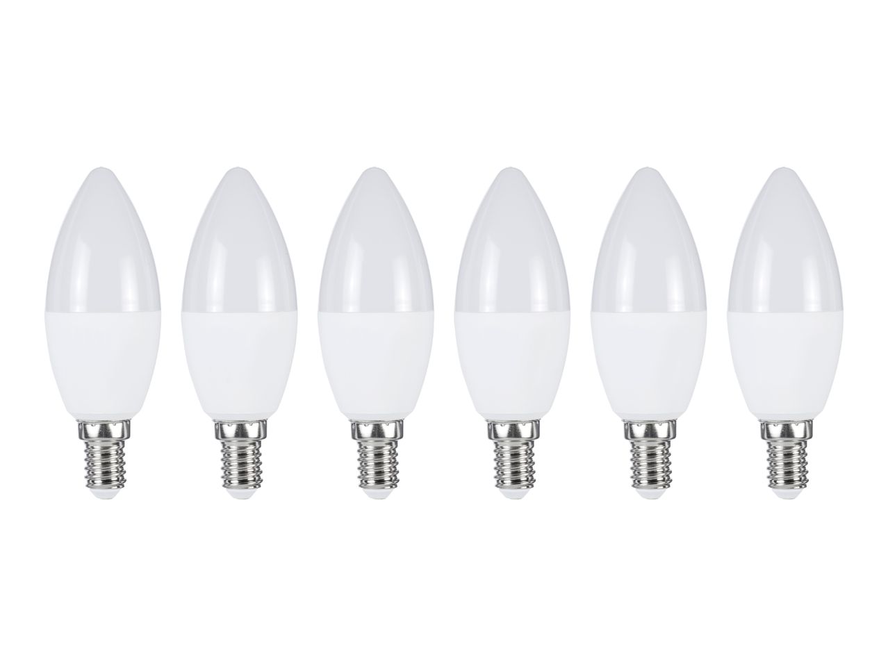 Six white LED candle light bulbs with E14 screw bases, arranged in a row.