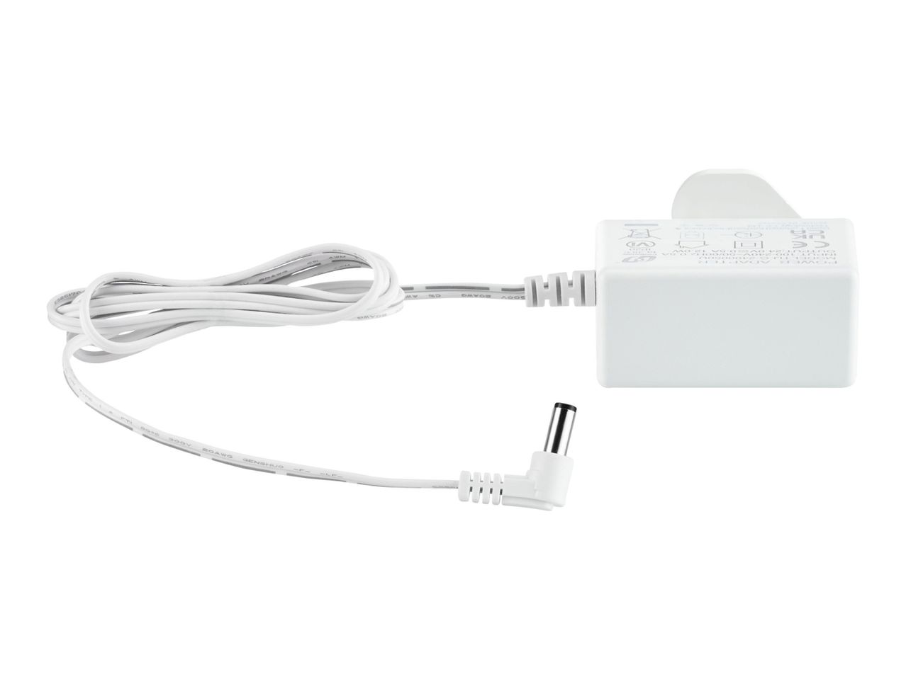 A white power adapter with a cord and a small plug.