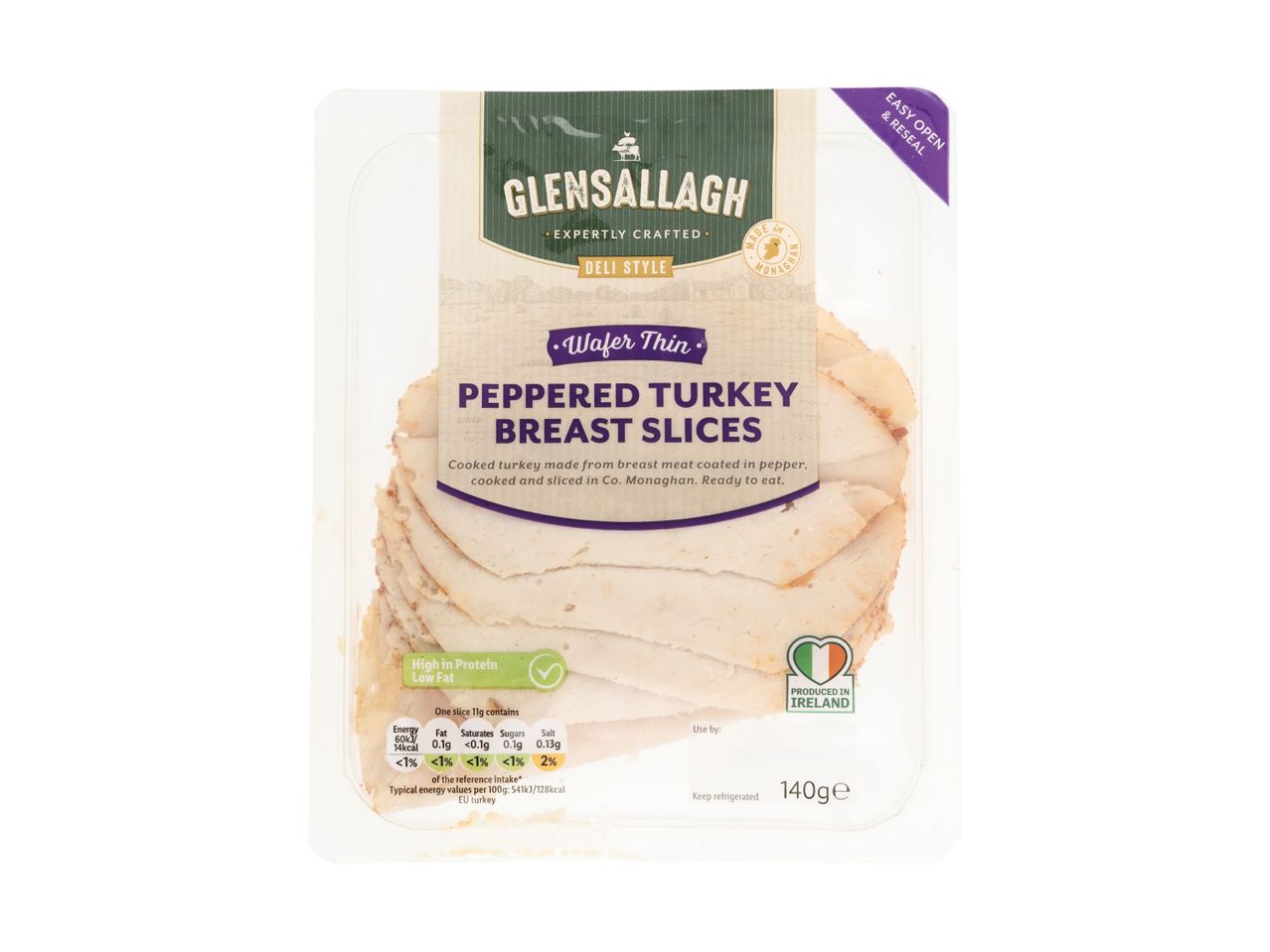 A package of Glensallagh Peppered Turkey Breast Slices, 140g, with nutritional information.