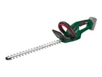 A cordless hedge trimmer with a long blade and a battery pack.