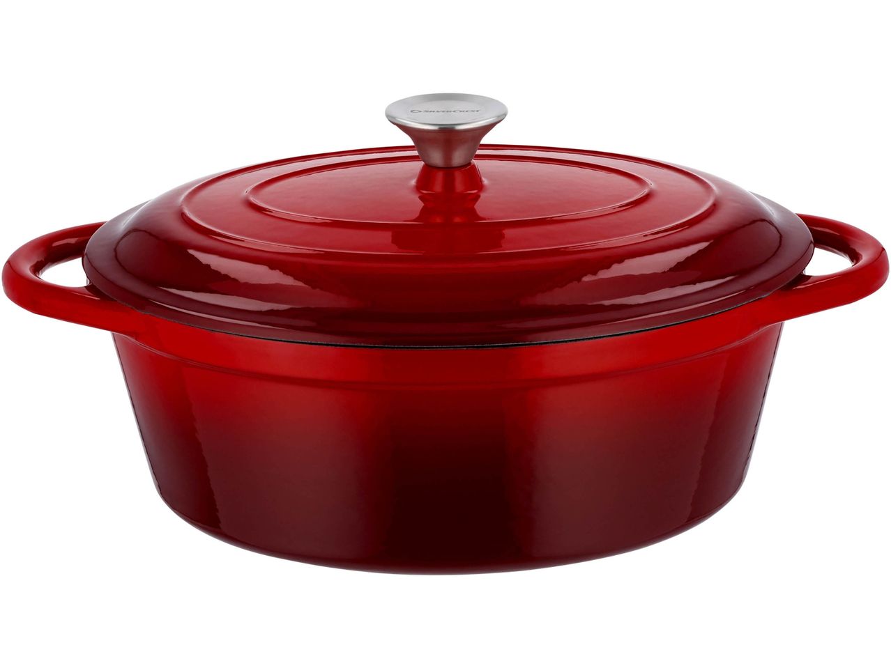 Red cast iron Casserole Dish with a silver knob on the lid.