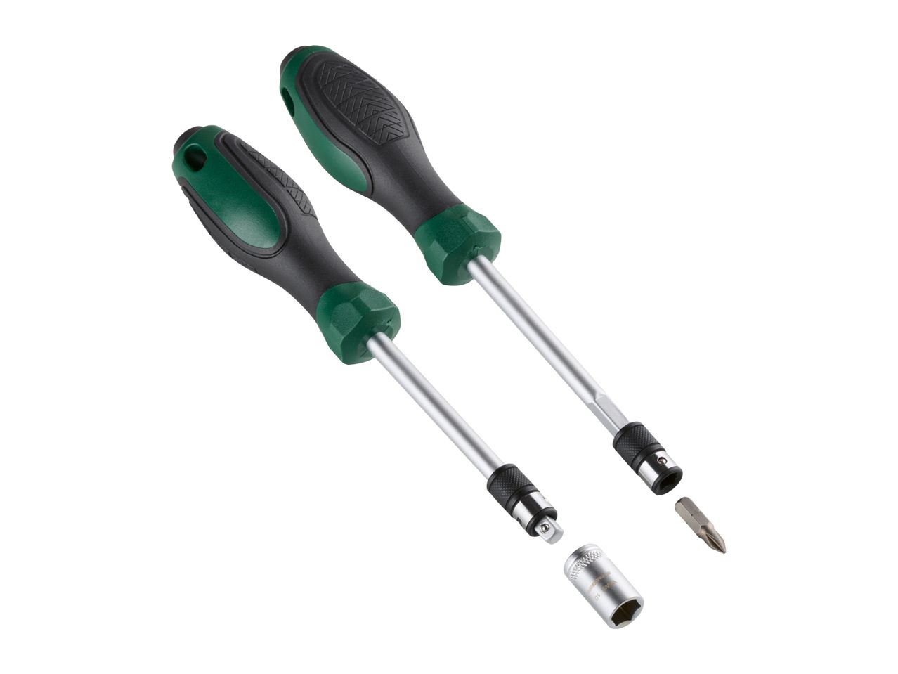 Two screwdrivers with green and black handles, one with a socket and the other with a bit.