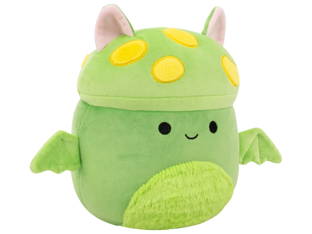Peluche verte en forme de champignon avec des taches jaunes et des ailes.