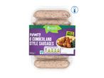 Plant-based Cumberland style sausages in a clear tray with a purple and green label.