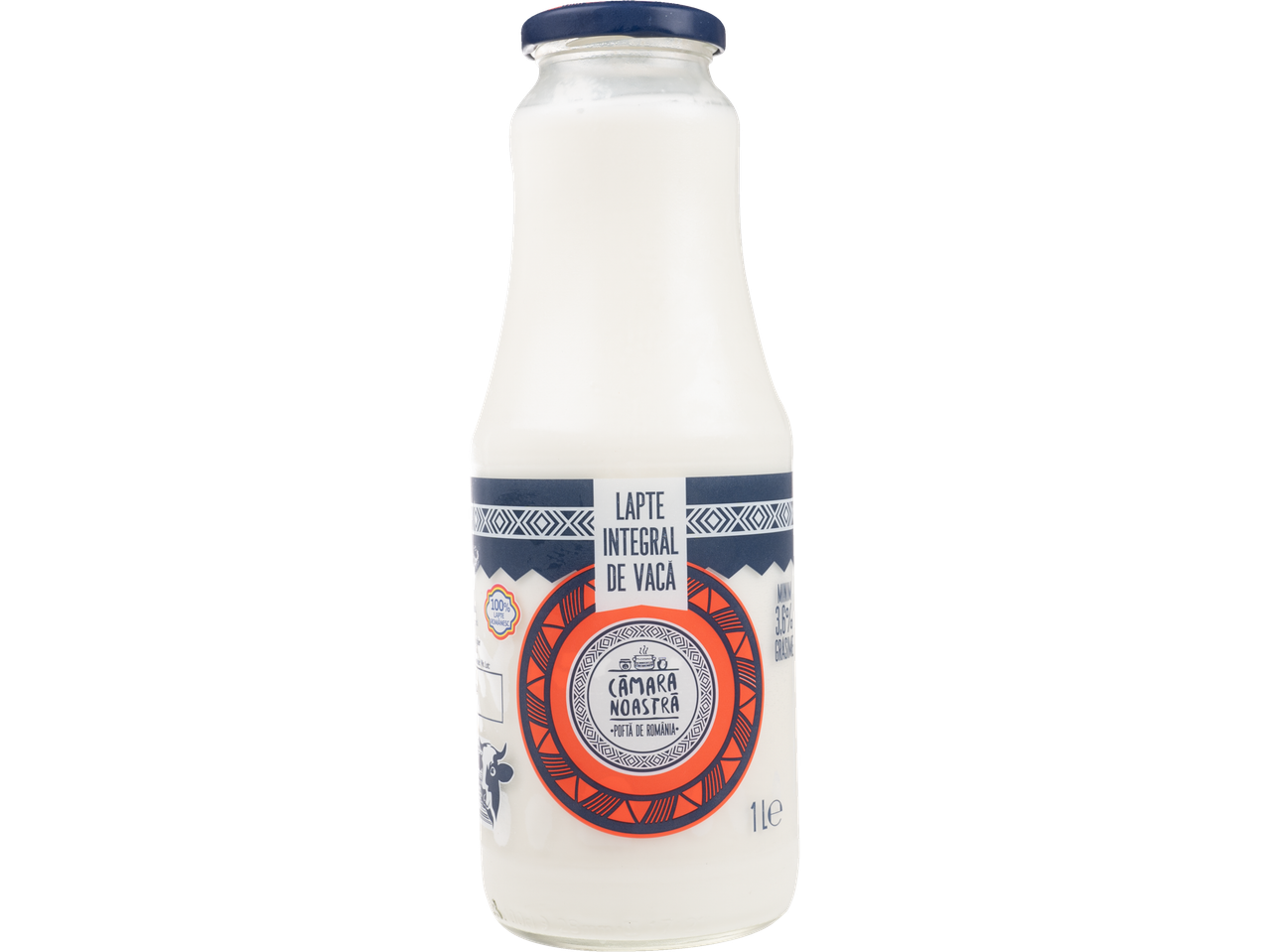 Sticlă de lapte integral de vacă, marca Cămara Noastră.