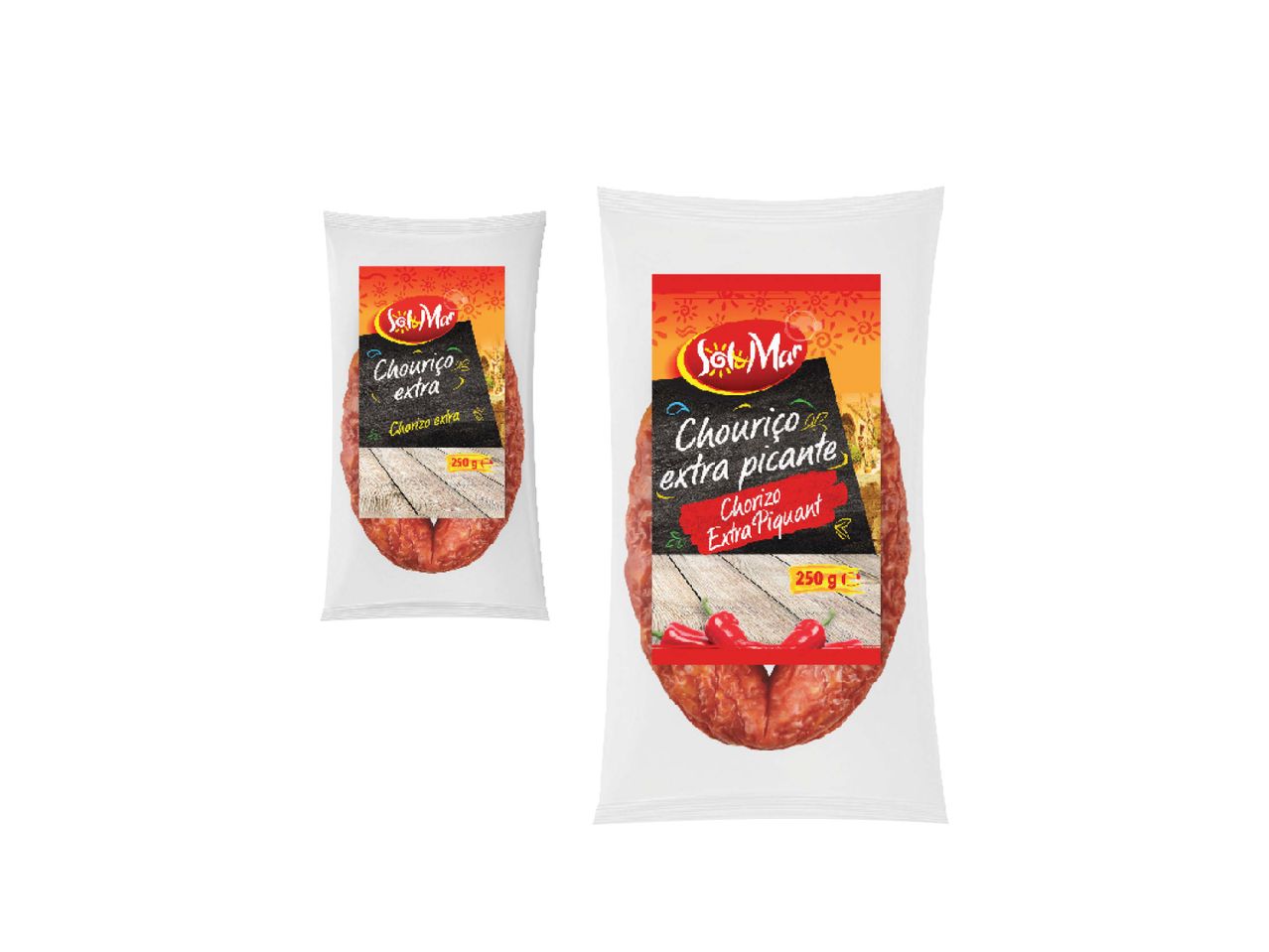 Du pakuoti „Sol Mar“ prekės ženklo chorizai, vienas paprastas, kitas aštrus, su 250 g svorio etikete.
