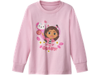 Pink long-sleeve Gabby's Dollhouse pajama top with Gabby and Pandy Paws graphic.