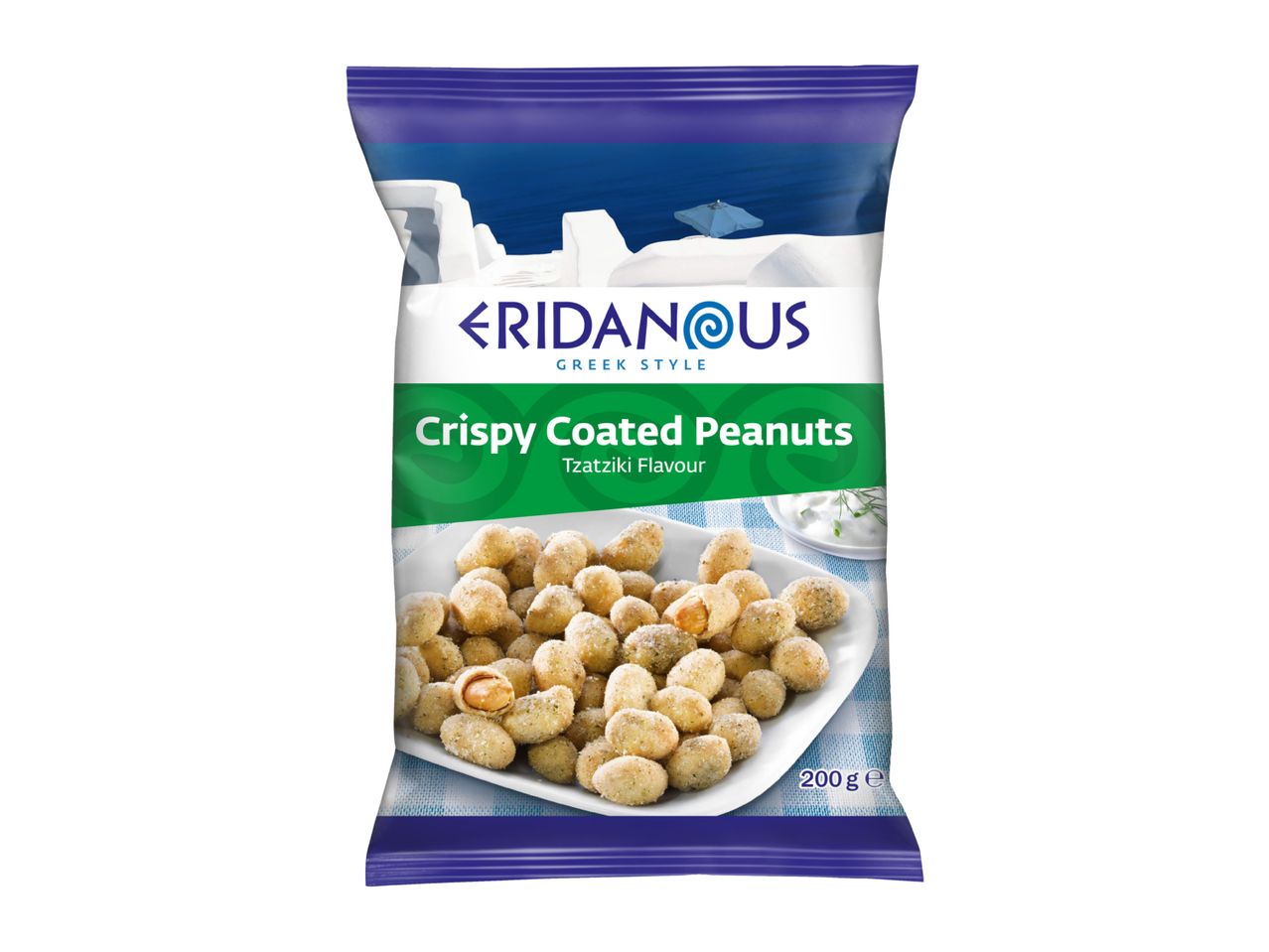 Crispy coated peanuts with tzatziki flavor in a bag, featuring a Greek-style design.
