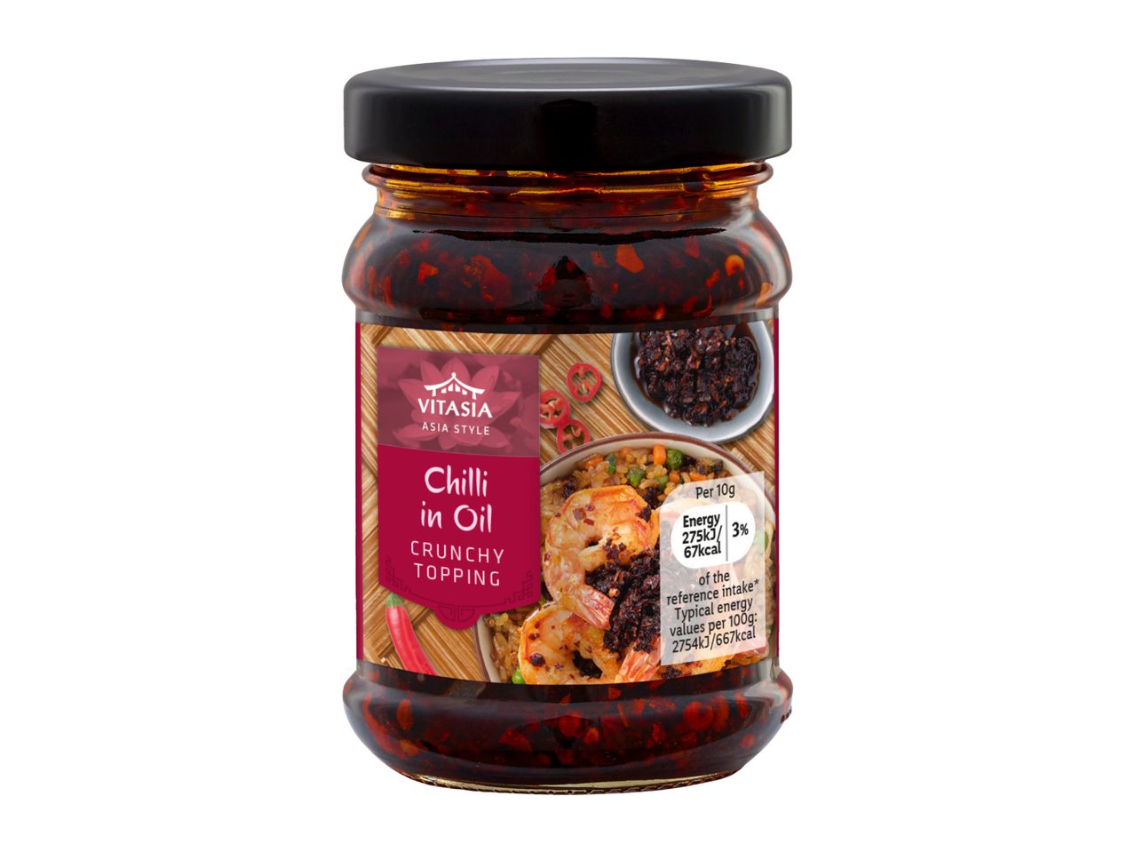 Jar of chilli in oil crunchy topping with a label showing prawns and rice.