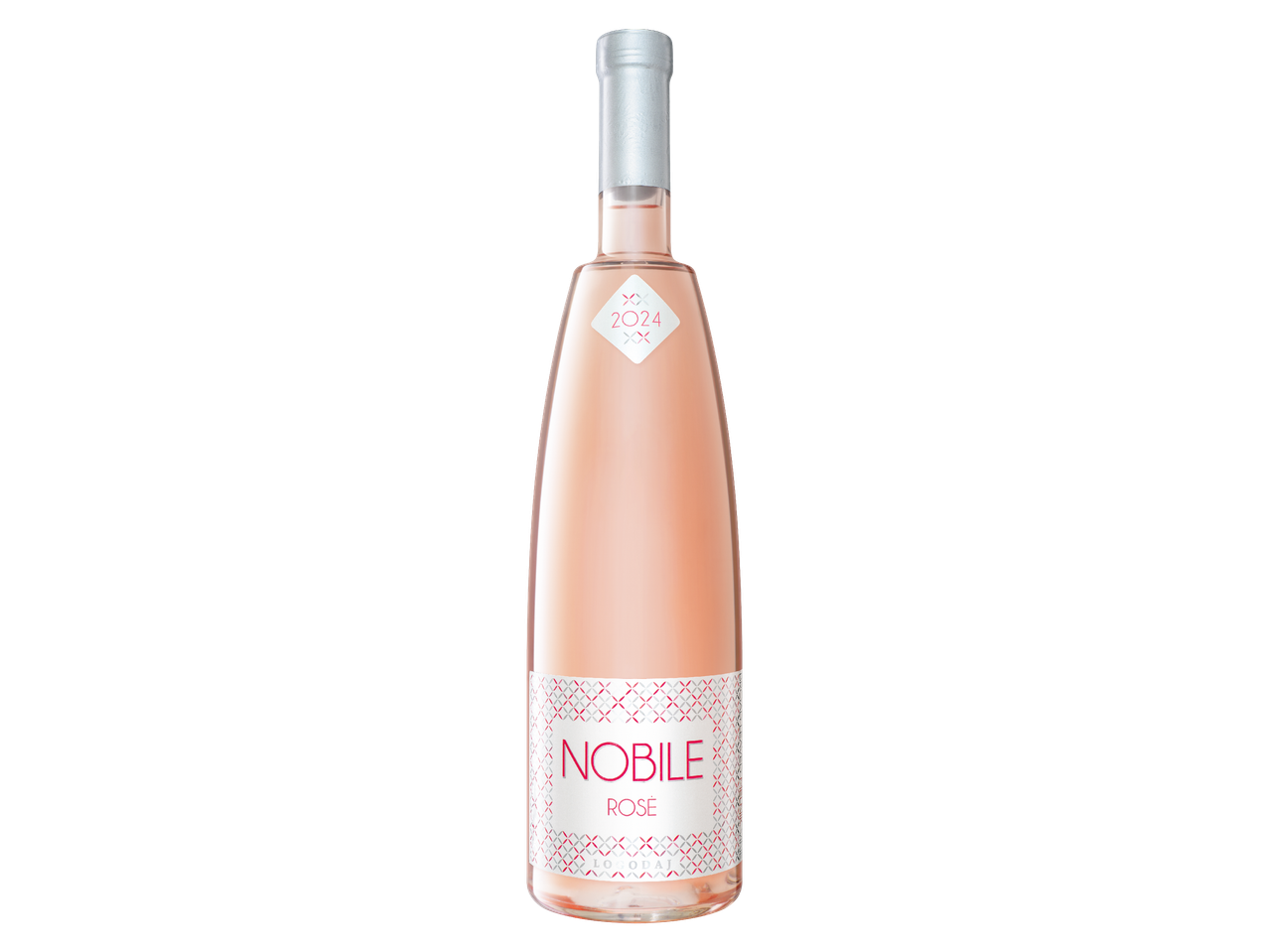 Бутилка розе вино с етикет „NOBILE ROSÉ“ и година „2024“.