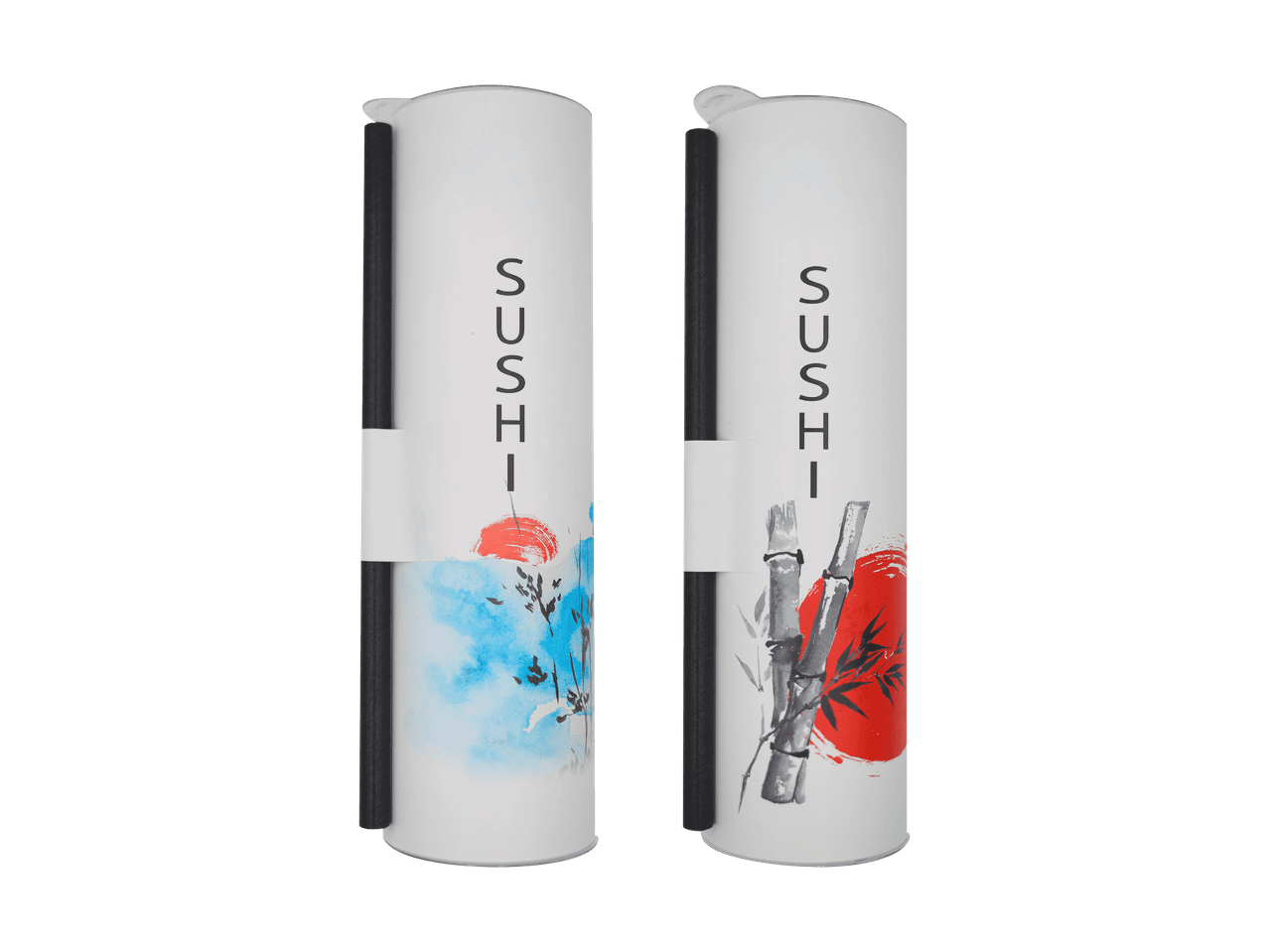 Zwei weiße Sushi-Behälter mit Essstäbchen, verziert mit japanischen Motiven und dem Schriftzug „SUSHI“.