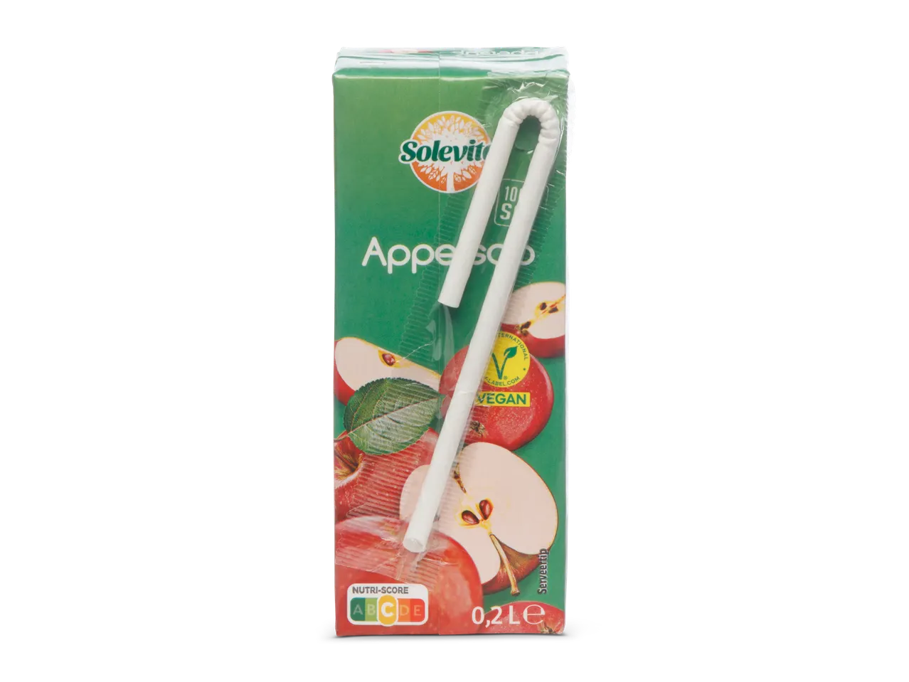 SoleVita 100% appelsap pakje met rietje, 0,2L, Nutri-Score B, en vegan keurmerk.