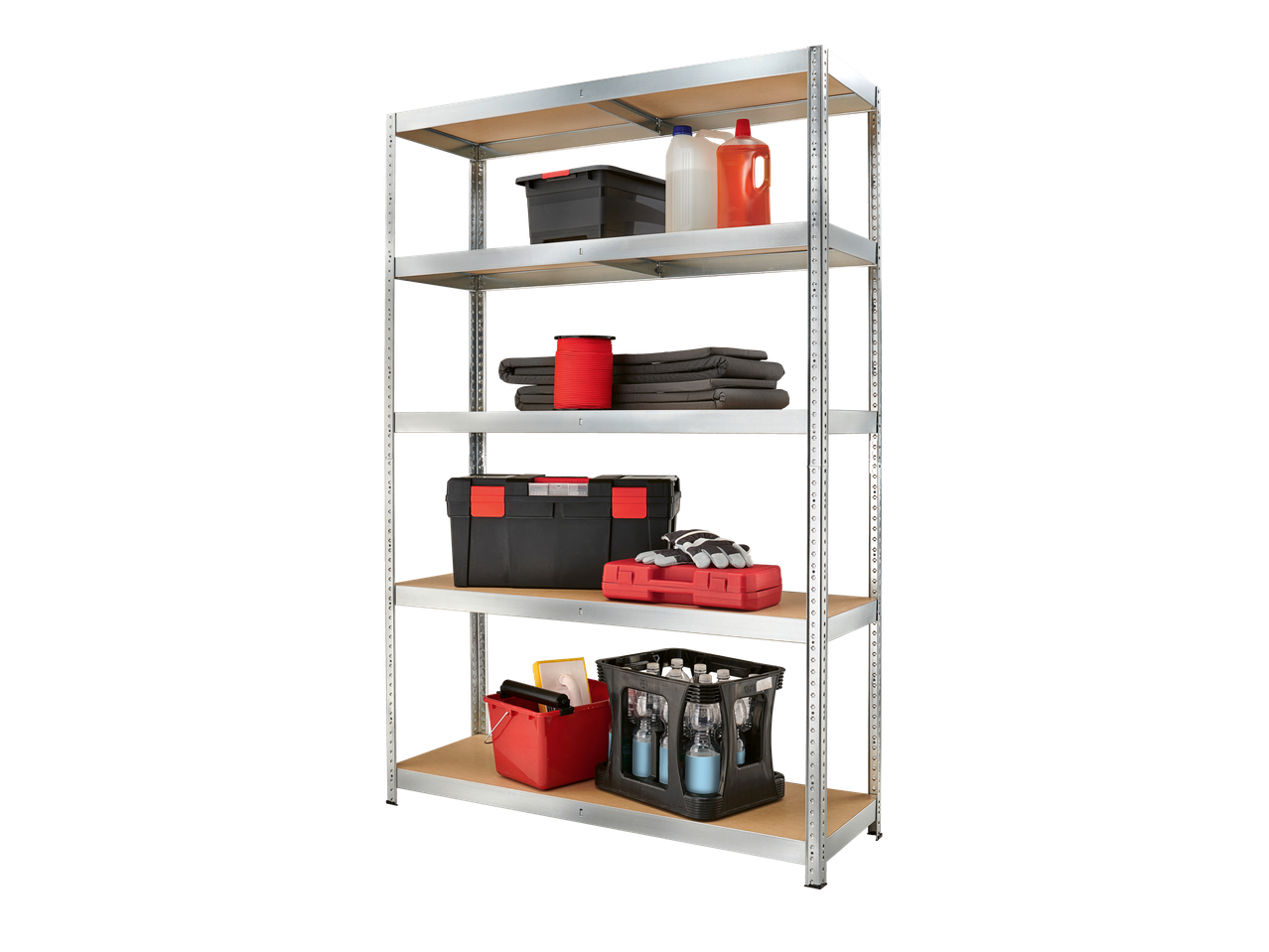 Parkside® Metal Shelving Unit with various tools, liquids, and storage items.