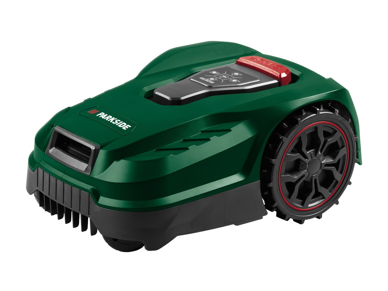Green robotic lawnmower with black wheels and a red stop button on a white background.