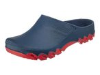 Blue clogs with a textured upper and a red, wavy sole.