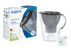 Water filter jug with a filter cartridge, shown next to its packaging.