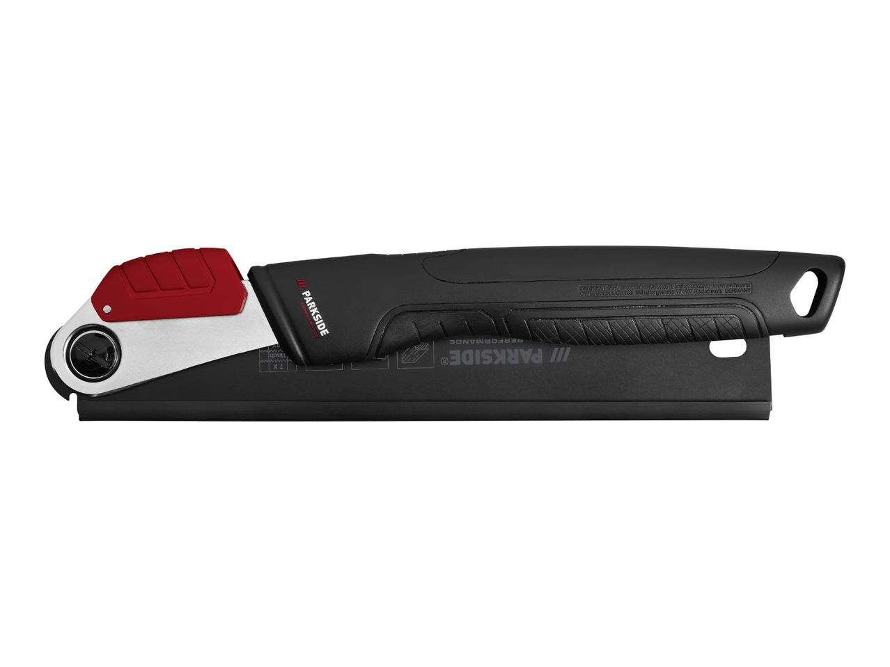 Folding saw with a red and black handle, featuring a silver blade mechanism.