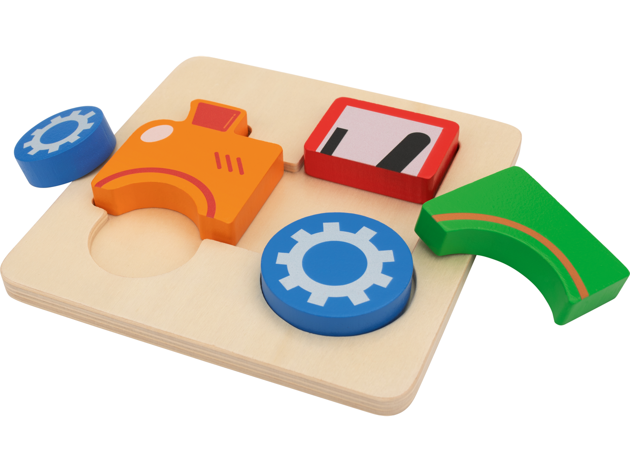 LUPILU® houten puzzel met kleurrijke stukken, waaronder een oranje auto en blauwe tandwielen.