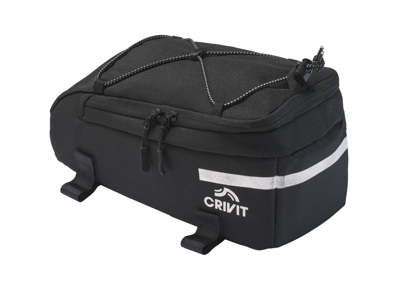 Черна чанта за велосипед с цип, светлоотразителна лента и ластик отгоре.