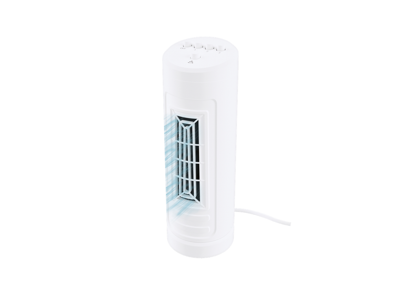 Ventilador de torre vertical branco com três velocidades.