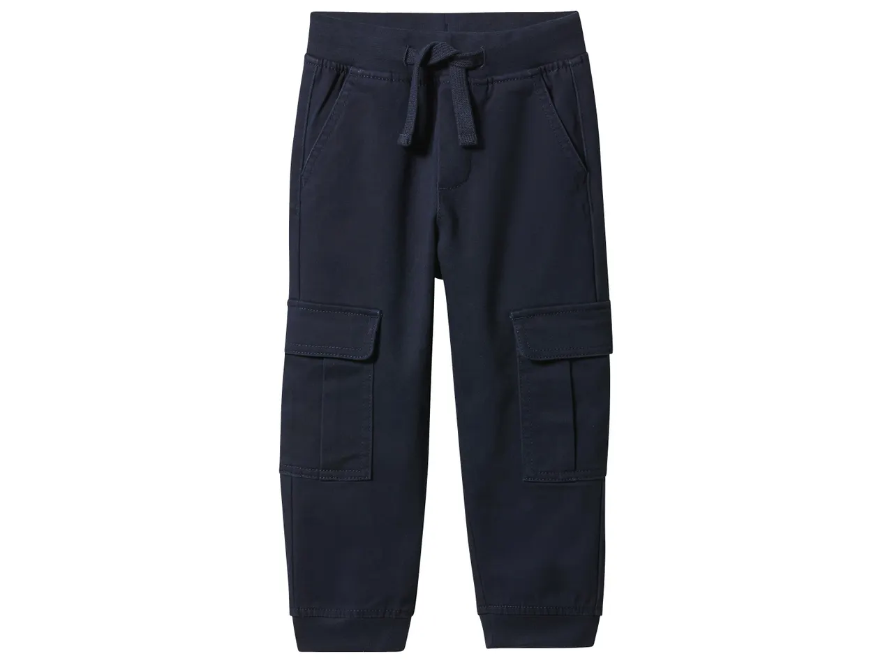 Тъмносин детски карго панталон с връзки на талията и ластични маншети.