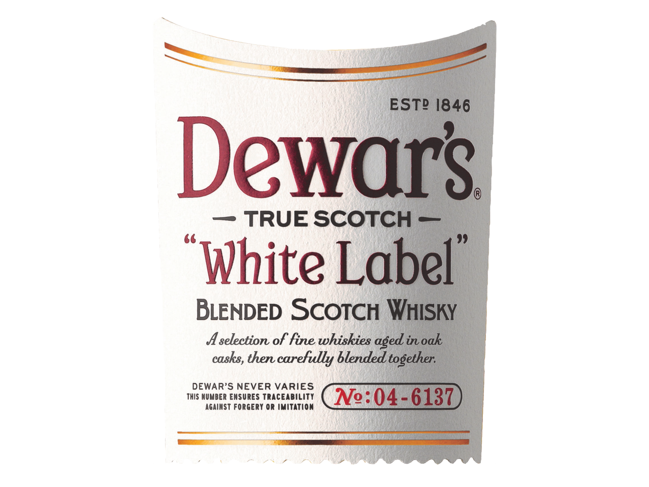 Етикет за уиски с надпис „White Label Blended Scotch Whisky“, номер за проследяване и година на основаване 1846.