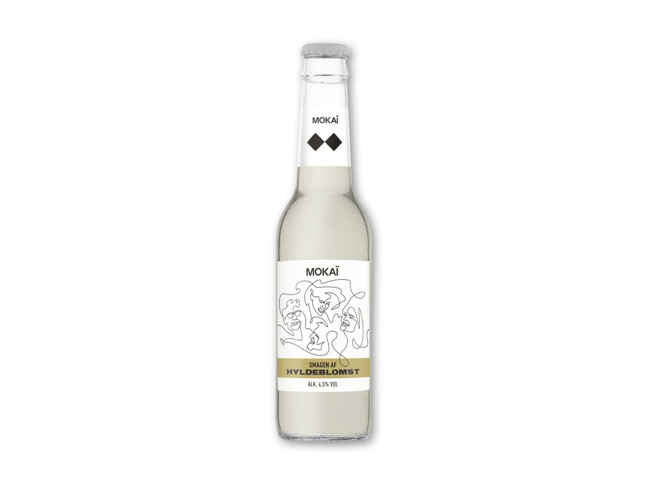Hvid flaske med drik med smag af hyldeblomst, 4,5% vol.
