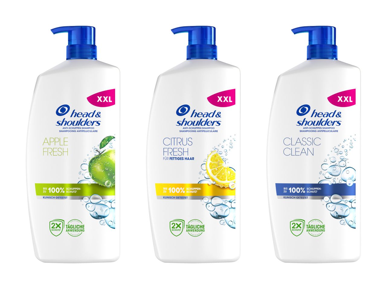 Drei große Flaschen Head & Shoulders Shampoo in Apfel-, Zitrone- und Frische-Duft.