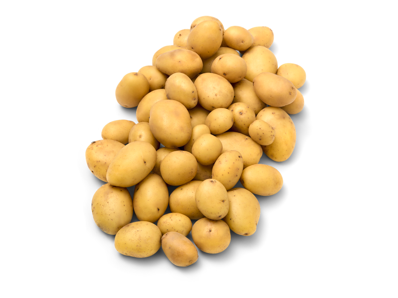 Stapel gele aardappelen van verschillende groottes.