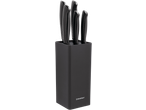 Set de cuțite de bucătărie SILVERCREST cu mânere negre texturate într-un bloc negru.