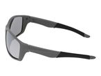 Grey sports sunglasses with black and grey temples, angled view.