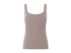 A taupe ribbed tank top with lace trim neckline.