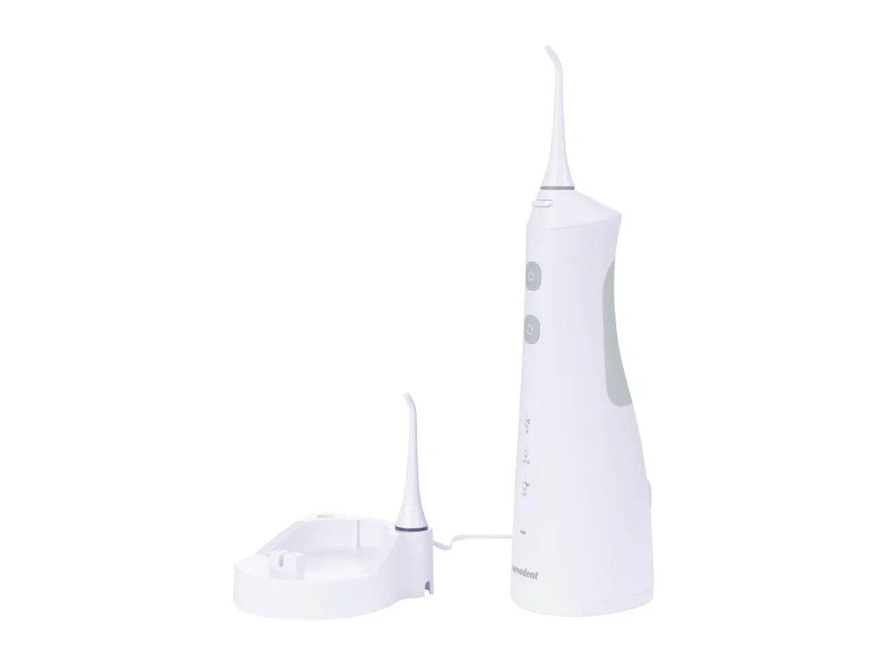 Nevadent water flosser with extra nozzle on charging base.