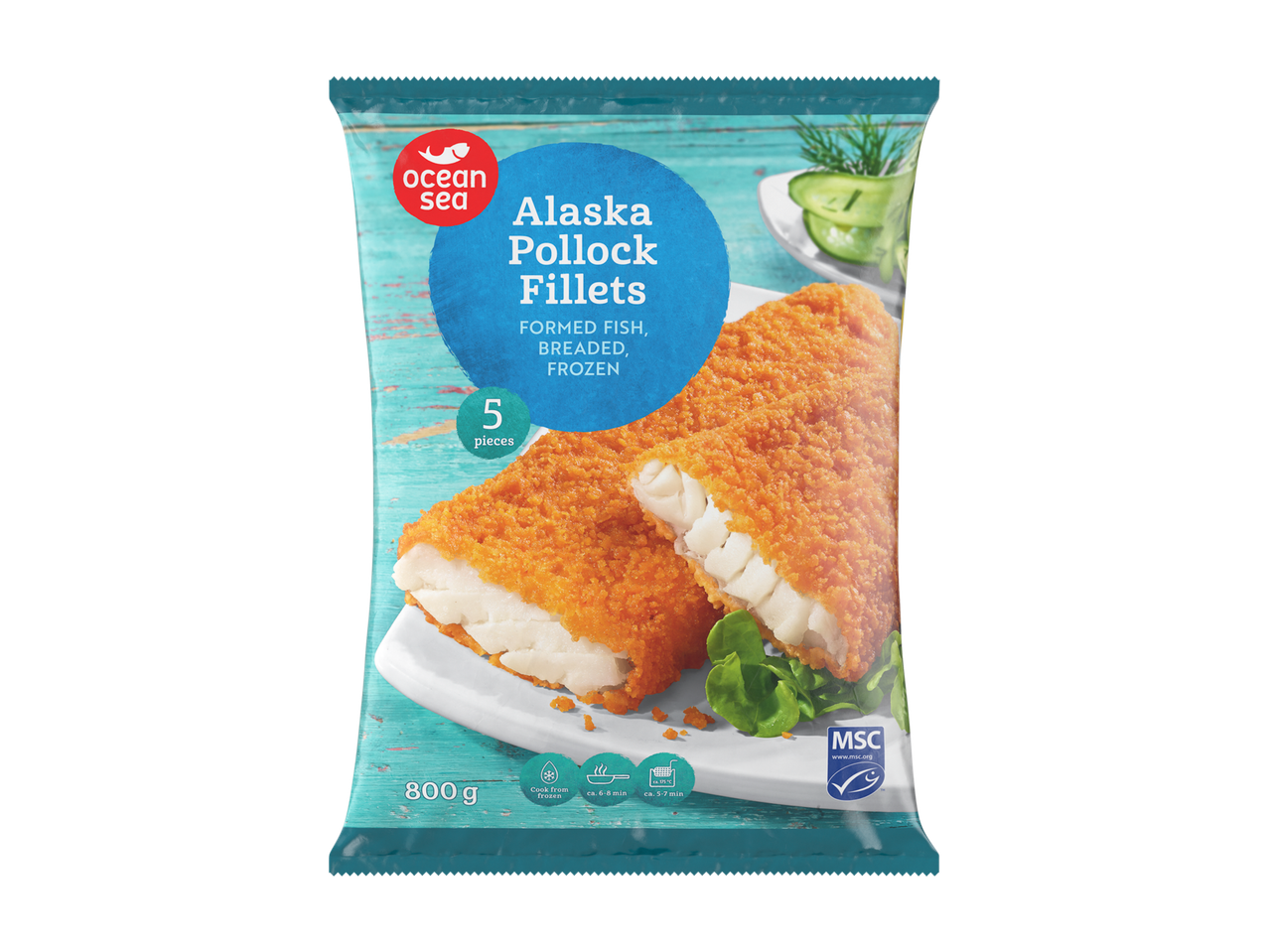 Pakastekalapakkauksessa on paneroituja alaskanseitifileitä, 5 kappaletta, 800 g.