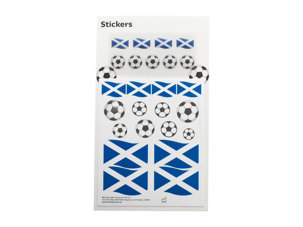 A sheet of stickers featuring Scottish flags and soccer balls, with product information below.