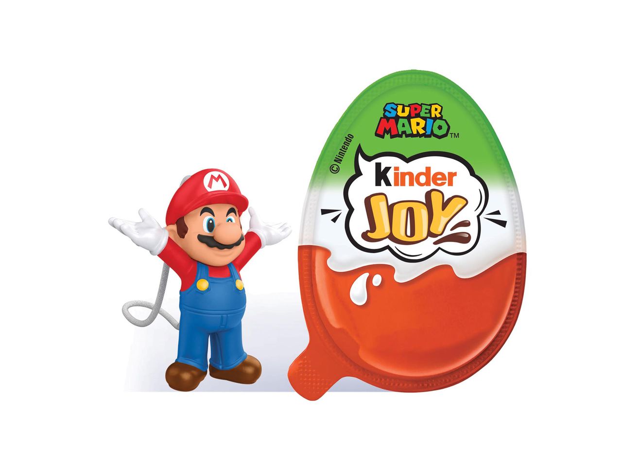 Super Mario témájú Kinder Joy tojás és egy Mario figura.