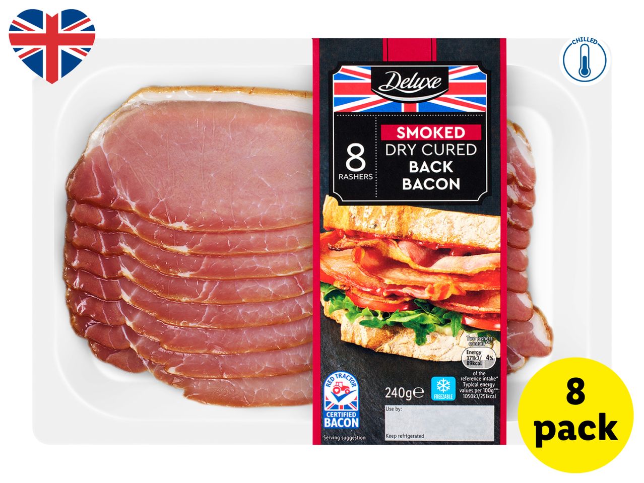 Pack of 8 smoked dry cured back bacon rashers with a Union Jack heart and 'chilled' icon.
