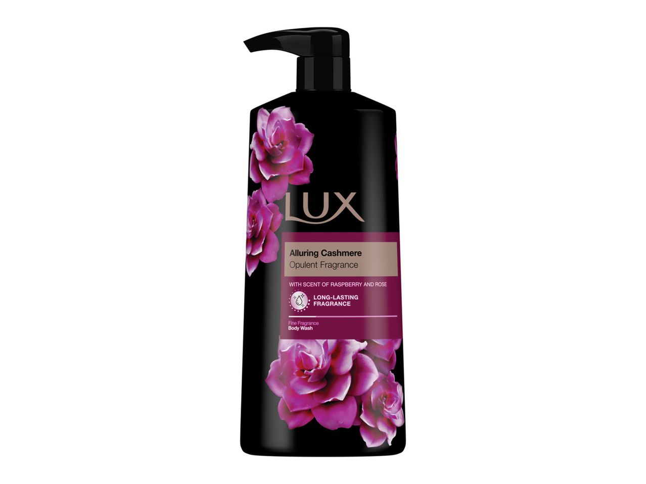 Μαύρο μπουκάλι αφρόλουτρου Lux Alluring Cashmere με αντλία και ροζ τριαντάφυλλα.