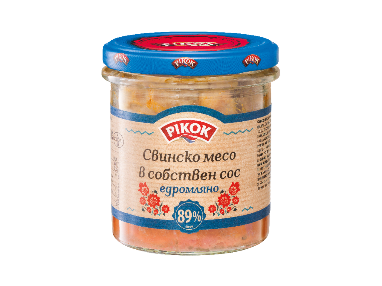 Буркан свинско месо в собствен сос, едросмляно, с 89% съдържание на месо.