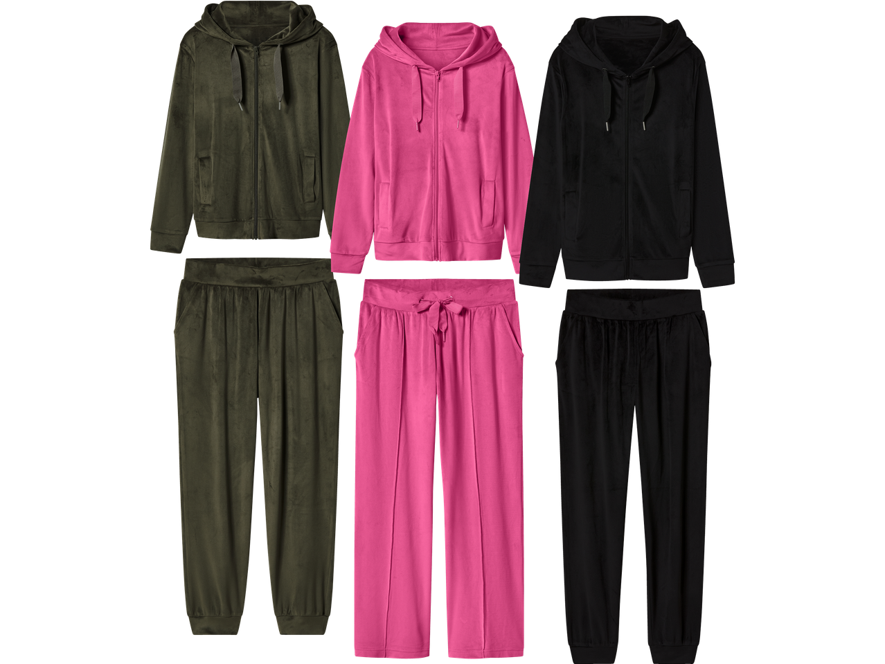 Tre velourset med huvtröja och byxor i olivgrönt, rosa och svart.
