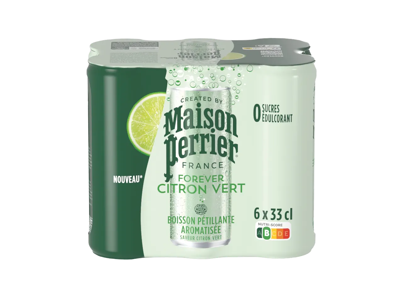 Pack de 6 canettes de boisson pétillante aromatisée au citron vert, 0 sucre, Nutri-Score B.
