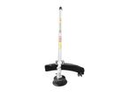 Cordless grass trimmer with a black cutting head and protective guard.