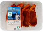 Pack of quick fry pork loin chops with BBQ glaze, showing a farmer and product details.