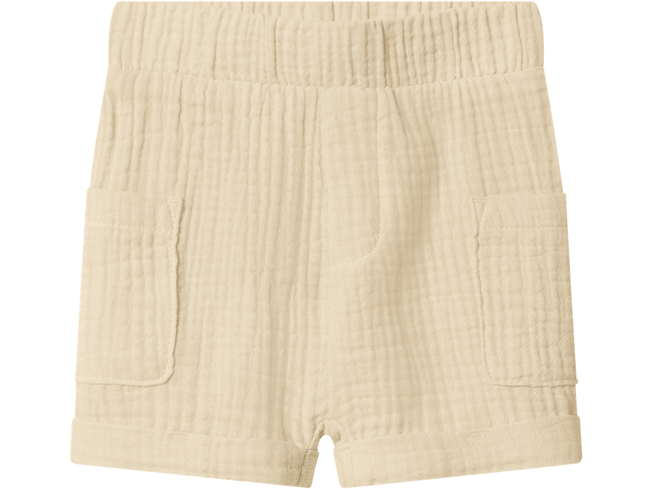 Cream-colored muslin shorts with an elastic waistband and two front pockets.